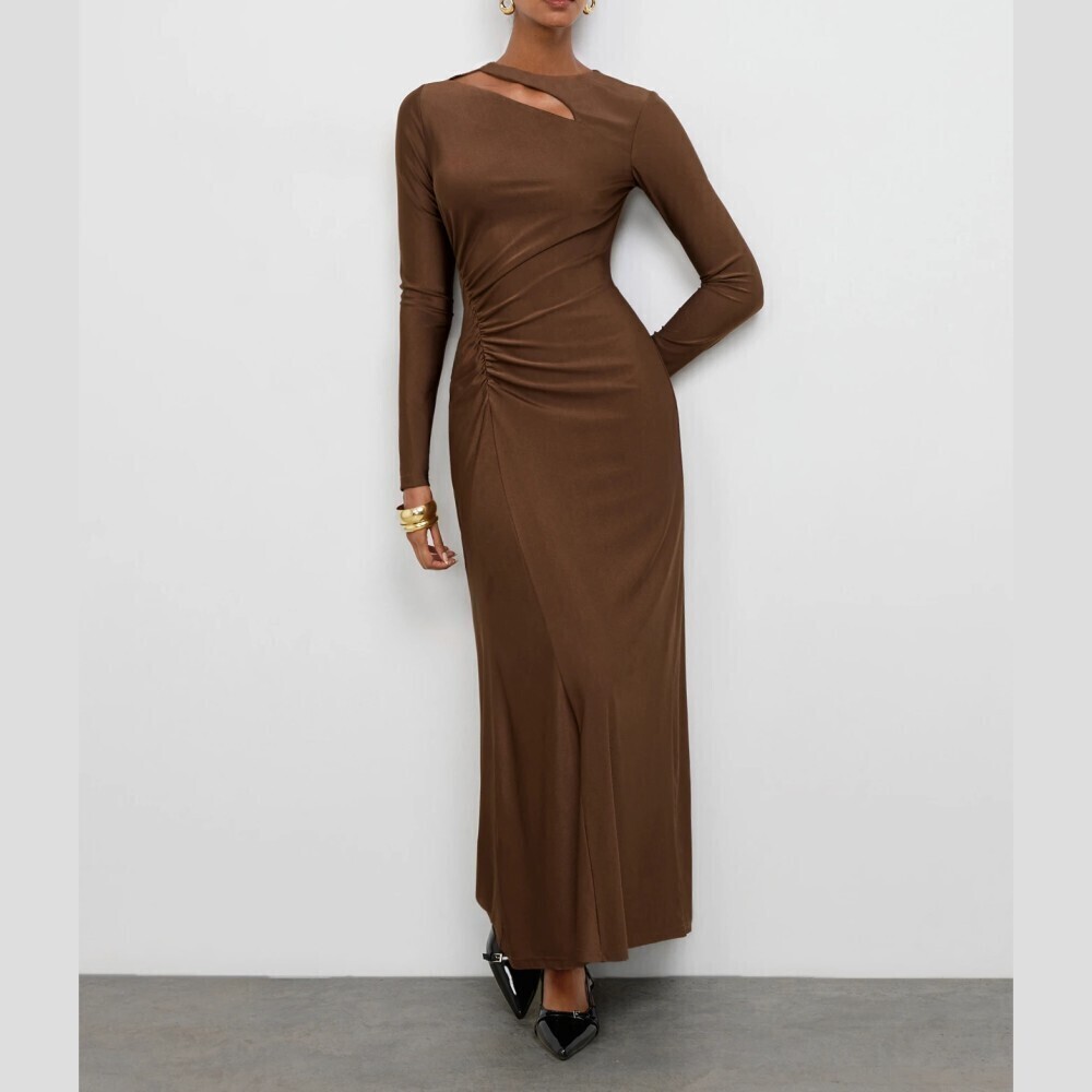 Brown Asymmetric Cutout Stand Collar Ruched Long Sleeve Maxi Dress
